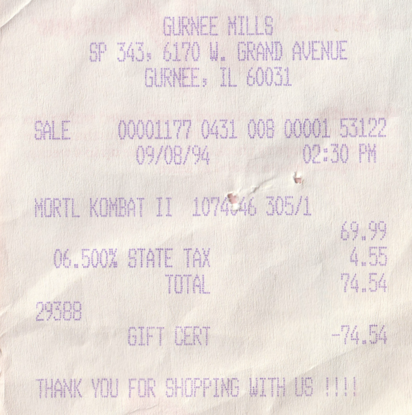 Receipt the the Super Nintendo version of Mortal Kombat II